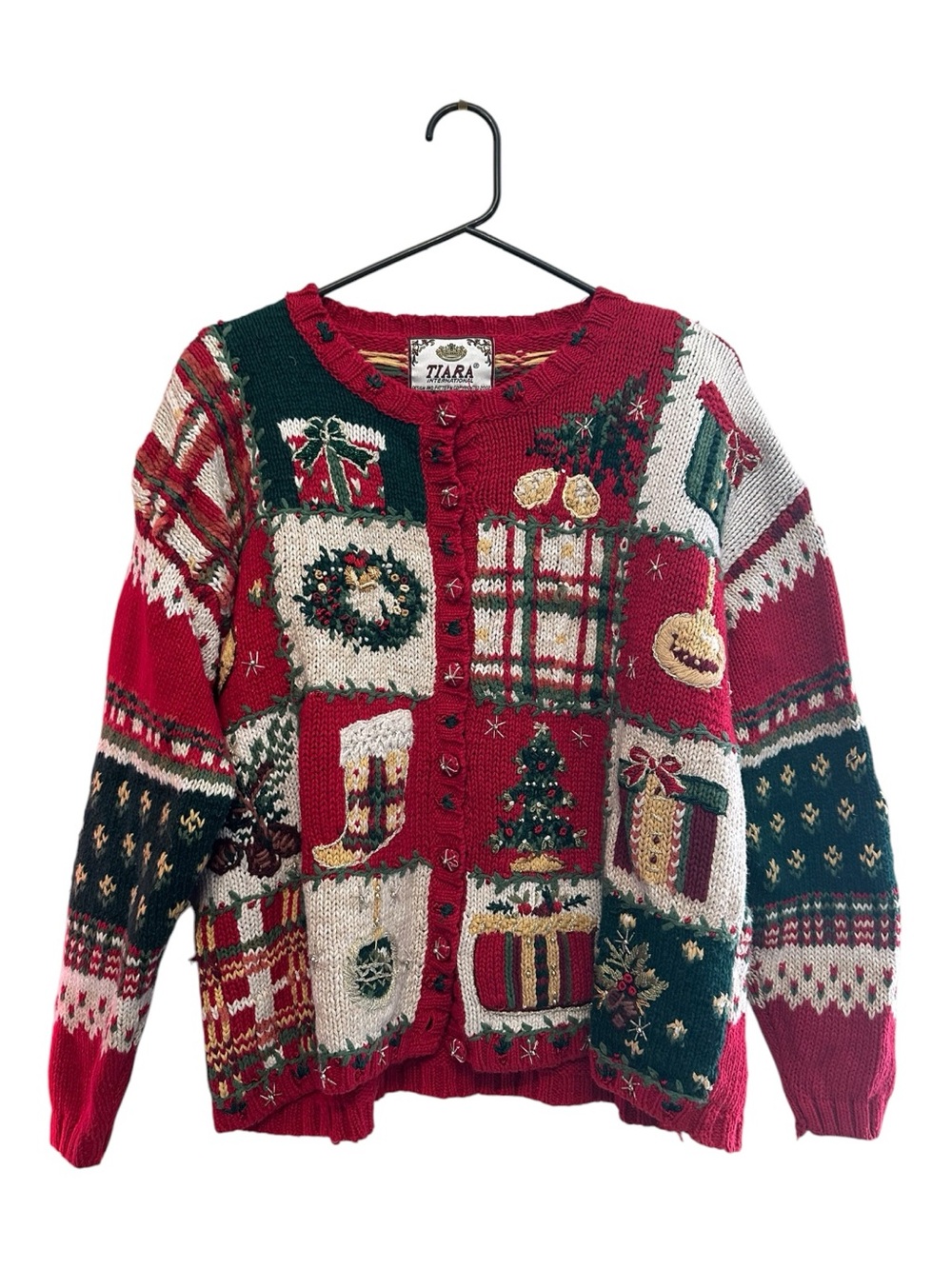 Vintage Y2K Tiara International Patchwork Holiday Button-Front Cardigan Small
